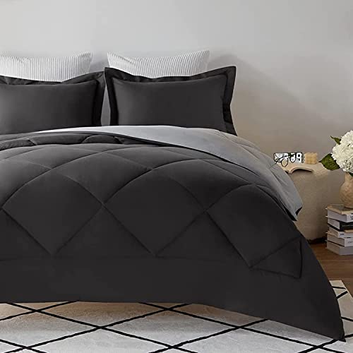CozyLux Queen Full Reversible Comforter Set 3-Piece Premium 1800 Series Lightweight Bed Set - Soft Goose Down Alternative Duvet Insert for All Season (1 Comforter 2 Pillow Shams, Dark Grey Light Gray)