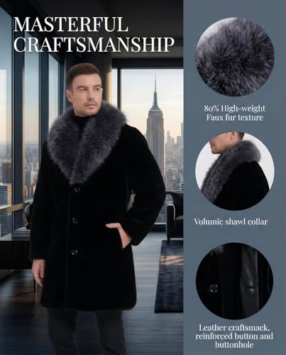 Image of Long Faux Fur Coat Outwear Black Winter Parka Overcoat for Men