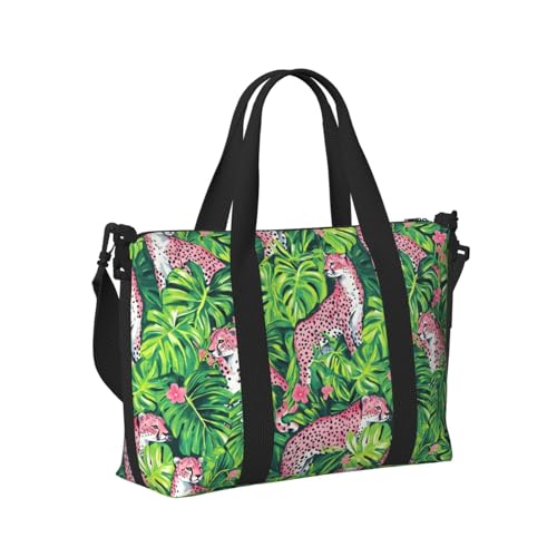 Laptop Tote Bag for Women Work - Tropical Plant Pink Leopard Print Weekender Overnight Bags for Women Travel, Gym Duffle Bag for Men, Personal Item Crossbody Travel Bags for Men Carry On