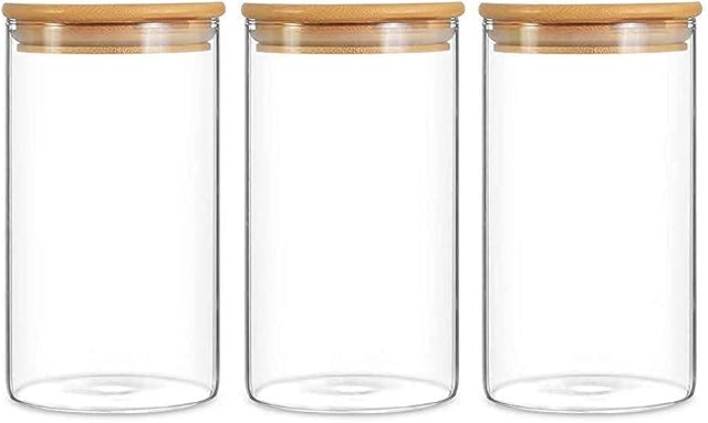 HOCHSTE Glass Food Storage Jars Containers, Glass Food Containers Cookies Jars with Airtight Bamboo Lid, Kitchen Canisters for Coffee, Flour, Sugar, Candy, Cookie, Spice, Pasta, Cereal 3 Piece