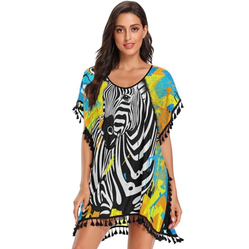 Line Artwork Zebra Art Women's Beach Cover Up Chiffon Tassel Swimwear Swimsuit Coverups for Girl