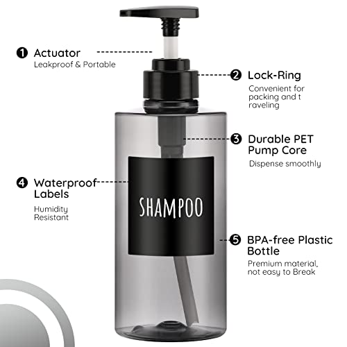 Image of Segbeauty Shower Bottles Refillable, 3pcs 16.9oz /500ml Liquid Dispenser with Labels, Empty Plastic Lotion Pump Press Bottles for Shampoo, Conditioner, Body Soap, Hand Soap, Bathroom, Hotel - Gray