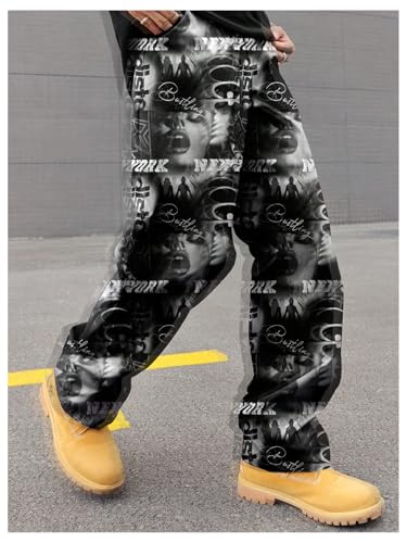 GORGLITTER Men's Graphic Print Cargo Pants Drawstring Waist Straight Leg Y2k Baggy Pants2