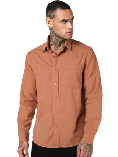 Image of Bewakoof Mens Solid Regular Fit Full Sleeve Collar Cotton Linen Blend Shirt