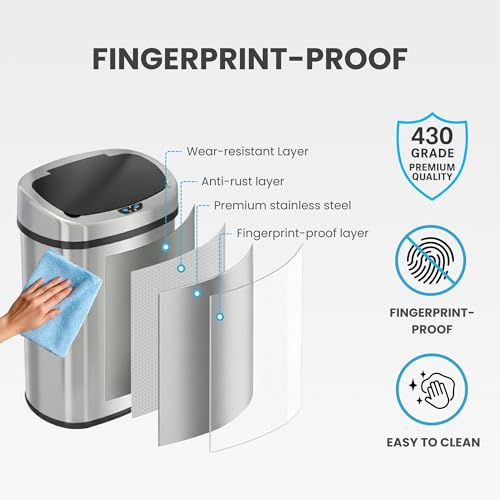 Image of iTouchless 13 Gallon Oval Sensor Trash Can with Odor Filter, Fingerprint-Proof Stainless Steel, 50 Liter Automatic Kitchen Garbage Bin, Smart Hands-Free Motion Lid, Quiet Soft-Close, Brushed Silver