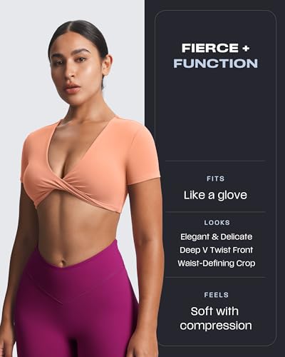 Image of Aoxjox Short Sleeve Crop Tops for Women Sienna Twist Deep V Workout Cropped T Shirt Top (Papaya, Small)