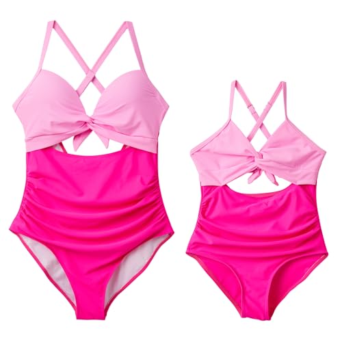 Image of IFFEI Women One Piece Swimsuit Mommy and Me Tummy Control Bathing Suit Colorblock Cutout Tie Back High Waist Girls Swimwear