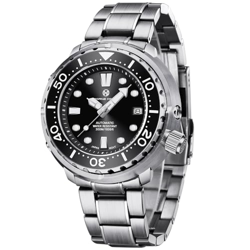 PAGRNE DESIGN Herrenuhren Automatische Armbanduhr Kratzfestes Synthetisches Saphirglas mit Datumsanzeige Armband aus Edelstah(Stahlband schwarz)
