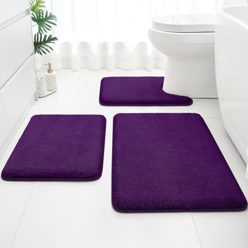 HOMEIDEAS Upgraded Bathroom Rugs Set 3 Piece Ultra Soft Memory Foam Bath Mats Super Absorbent Non Slip Washable U-Shaped Toilet Bath Rug (Purple 17x24+20x32+U-Shaped 20x24)