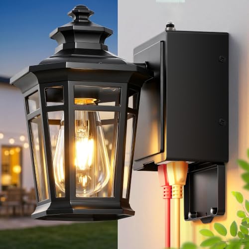 Image of Gleamz Black Dusk to Dawn Outdoor Lighting with GFCI Outlet, Exterior Light Fixtures with Outlet, 9in H Lantern Wall Mount Aluminum Waterproof Anti-rust, Outside Lights for House, Proch, Patio, Garage
