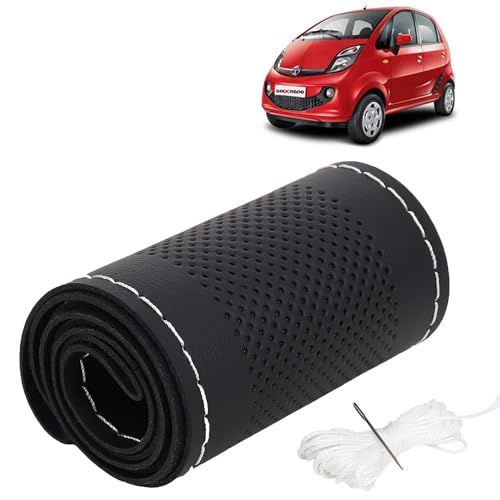 Image of KINGSWAY PU Leatherite Car Steering Cover Sewable Compatible with Tata Nano (Year 2008 Onwards), Black Color with Silver Thread, Pack of 1 with Sewing Needle and Thread