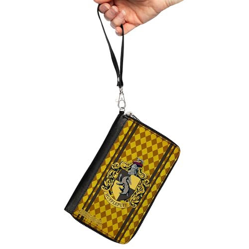 Buckle-Down The Wizarding World of Harry Potter Wallet, Zip Around, Hufflepuff Crest Stripes Diamonds Gold Browns, Vegan Leather2