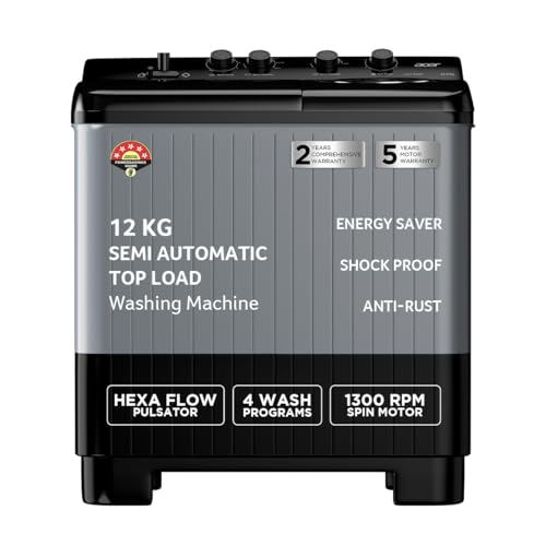 Image of Acer 12.0 Kg 5 Star Semi-Automatic Top Loading Washing Machine (AR12SAMBGL124D, Black-Grey, 4 Wash Programs, Hexa Flow Pulsator, Advanced Lint Filter)