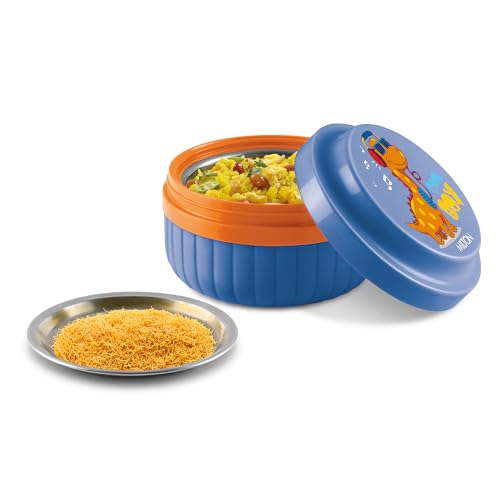 Image of MILTON Bestie Tiffin Big Plastic Insulated Tiffin Box with Steel Partition Plate, 315 ml, Dark Blue (Cool Boy Print)| BPA Free | Food Grade | PU Insulated | Kids Lunch Box