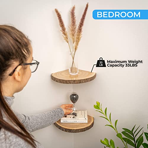 Kitchenmania Corner Wall Shelf,Corner Floating Shelves Set Of 2, Wood Slices With Bark Decorations Style,Wall Mount Storage Display For Bathroom,Kitchen,Living Room Decor,Bedroom,Office,Plant #TOP4