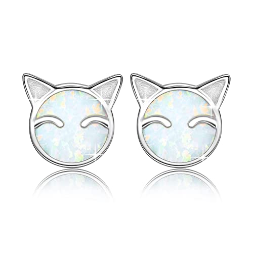 Cute Cat Opal 925 Sterling Silver Stud Earrings with Jewelry Gift Box for Women Girls