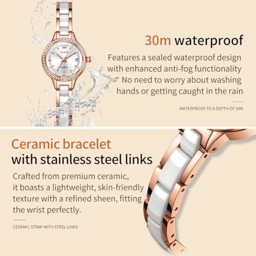 Image of OLEVS Women's Quartz Watches - Elegant Oval Diamond Dress Watch with Ceramic Band, 30M Waterproof Ladies Wrist Watch for Dress & Casual Wear (Rose Gold Blue /Red /Purple /White)