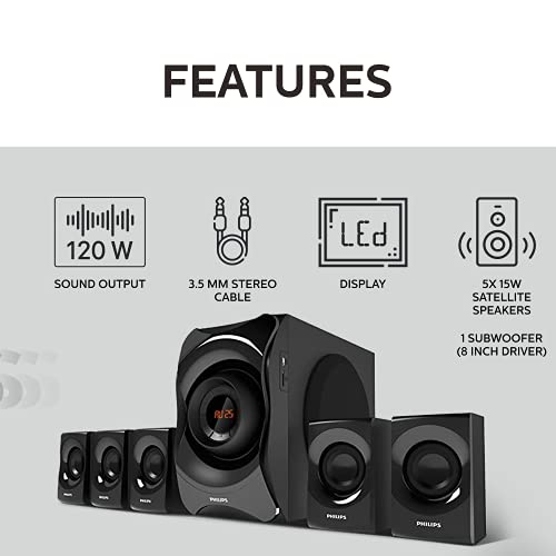 PHILIPS Audio SPA8000B/94 5.1 Channel 120W Multimedia Speaker System with Bluetooth Connectivity, 5X15W Satellite Speakers, USB, LED Display, Robust Design & Matte Finish (Black) - Image 3