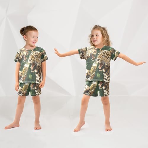 Pajama Sets Short Sleeve Leopard Drinking Champagne Artwork Soft Cotton Summer Sleepwear 2 Piece PJS Size 5-14T 5