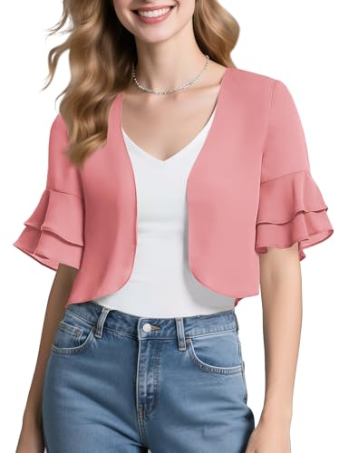 Image of Urban CoCo Women's Sheer Chiffon Bolero Shrug Ruffle Short Sleeve Open Front Cropped Cardigan for Dresses