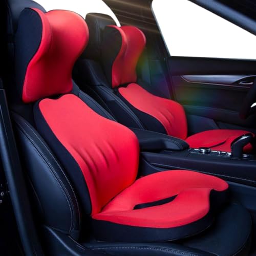 Image of STARQ Premium Car Seat Cushions Combo Seat Back Support, Neck Rest Pillow, Seat Cushion for Driving Seat Memory Foam, Cotton Cover Ergonomic Car Cushions Pillows (red)