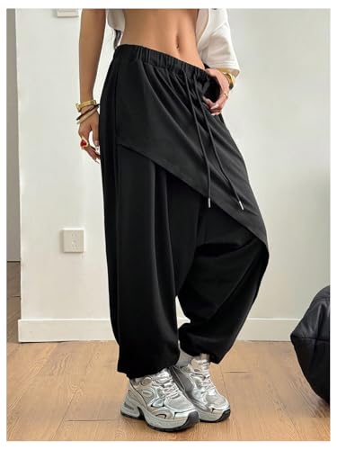 Women's Drawstring Waist Joggers Sweatpants Asymmetrical Multi Pleat Crotch Hippop Pants Streetwear2