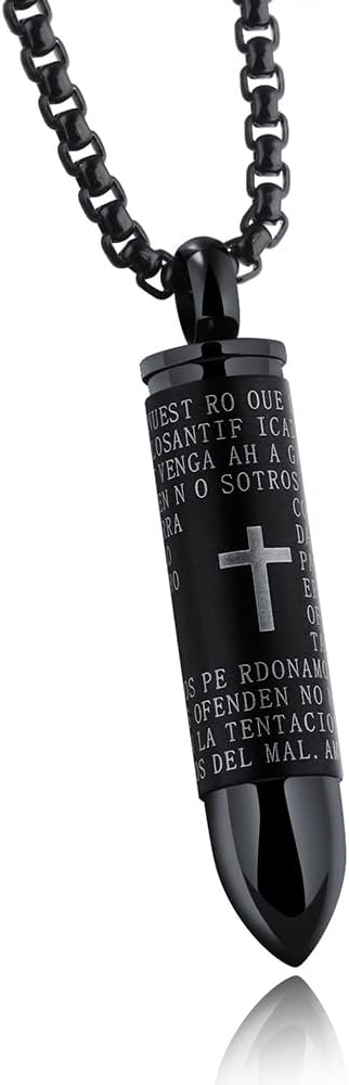 Mens Cross Pendant Necklace for Men Black Gold Language Urn Lord's Prayer Stainless Steel Ash Memorial Bullet Chain Nice Gifts