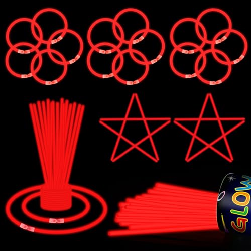 50 Pcs 8 Red Glow Sticks Glow Necklaces and Bracelets Set with Connectors Bright Neon Glow in The Dark Party Favors for Birthday Christmas New Year Halloween 4th of July Wedding Carnival