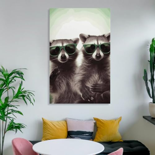 Raton laveur vert drôle avec lunettes de soleil sur toile moderne