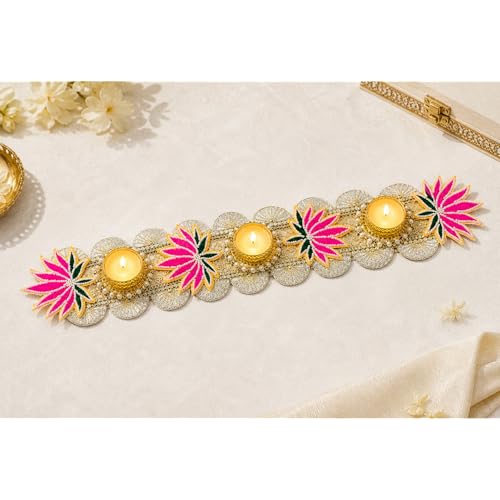 Image of Divyakosh Lace Handmade Item for Home Decoration 21 Inch Pink Lotus Table Runner with LED T-Light, Decorative Lotus Flower Table Decor for Home |Festive -Diwali Decoration|