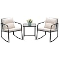 Devoko 3 Piece Rocking Bistro Set Wicker Patio Outdoor Furniture Porch Chairs Conversation Sets with Glass Coffee Table (Beige)