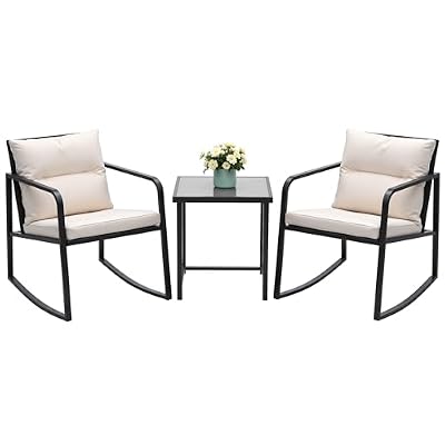 Devoko 3 Piece Rocking Bistro Set Wicker Patio Outdoor Furniture Porch Chairs Conversation Sets with Glass Coffee Table (Beige)