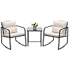Devoko 3 Piece Rocking Bistro Set Wicker Patio Outdoor Furniture Porch Chairs Conversation Sets with Glass Coffee Table Beige