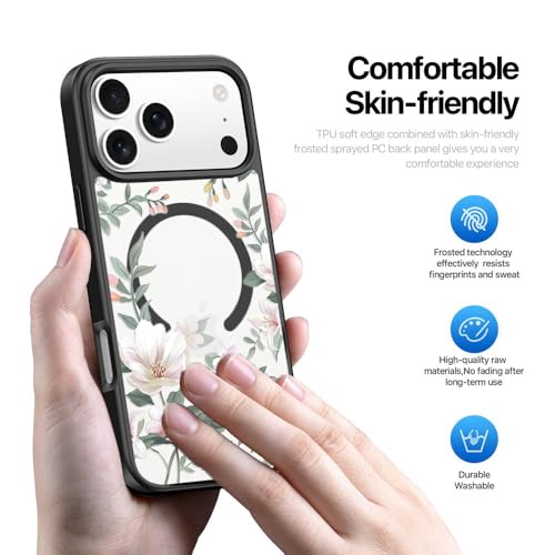 Image of VONZEE Back Cover Case Compatible with iPhone 17 Pro Case Luxury Retro Flowers Floral Clear for Magnetic Wireless Charging Case Shockproof PC+TPU Cute Glossy Shiny Cover for Girls Women, 6.3'' Black