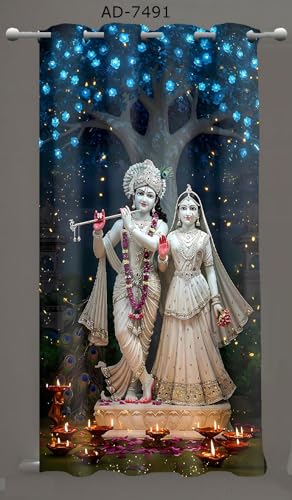 Image of KALIYO Radhe Krishna Printed Curtains for Home & Mandir | 3D Digital Print Spiritual Curtains | Light Filtering Polyester Door & Window Curtains | Pooja Room Decor | 5FT(1 Piece)