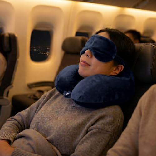 Image of Premium Fiber Filled Neck Pillow, Aeroplane Travel Pillow Neck Adjustable 360 Degree Support Headrest Neck Support Comfortable Pillow with Eye Mask (Blue)