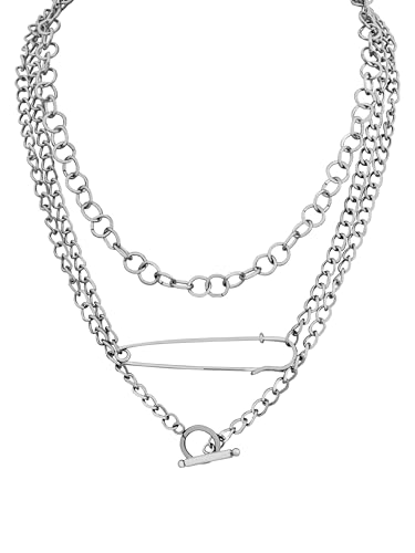 Sacina Goth Silver-tone Layered Choker Safety Pin Necklace, Chunky Chain Punk Necklace, Grunge Emo Christmas Jewelry Gift for Women