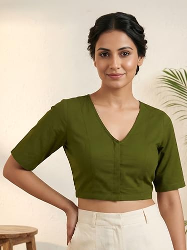 Image of Yash Gallery Women's Stretchable Rayon Lycra V-Neck Short Sleeve Front Open with Hook Stylish Crop Blouse Top for Ethnic Beige Designer Festive Choli Blouse