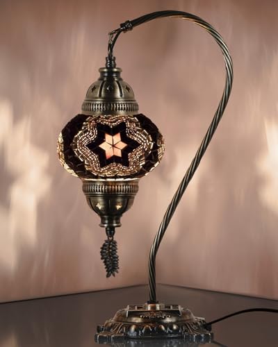 DEMMEX Turkish Moroccan Mosaic Table Lamp–Handcrafted Tiffany-Style Colorful Glass Swan Neck Bedside, Desk Light, Boho Artisan Accent Lighting for Bedroom, Living Room–38cm H, Black-White