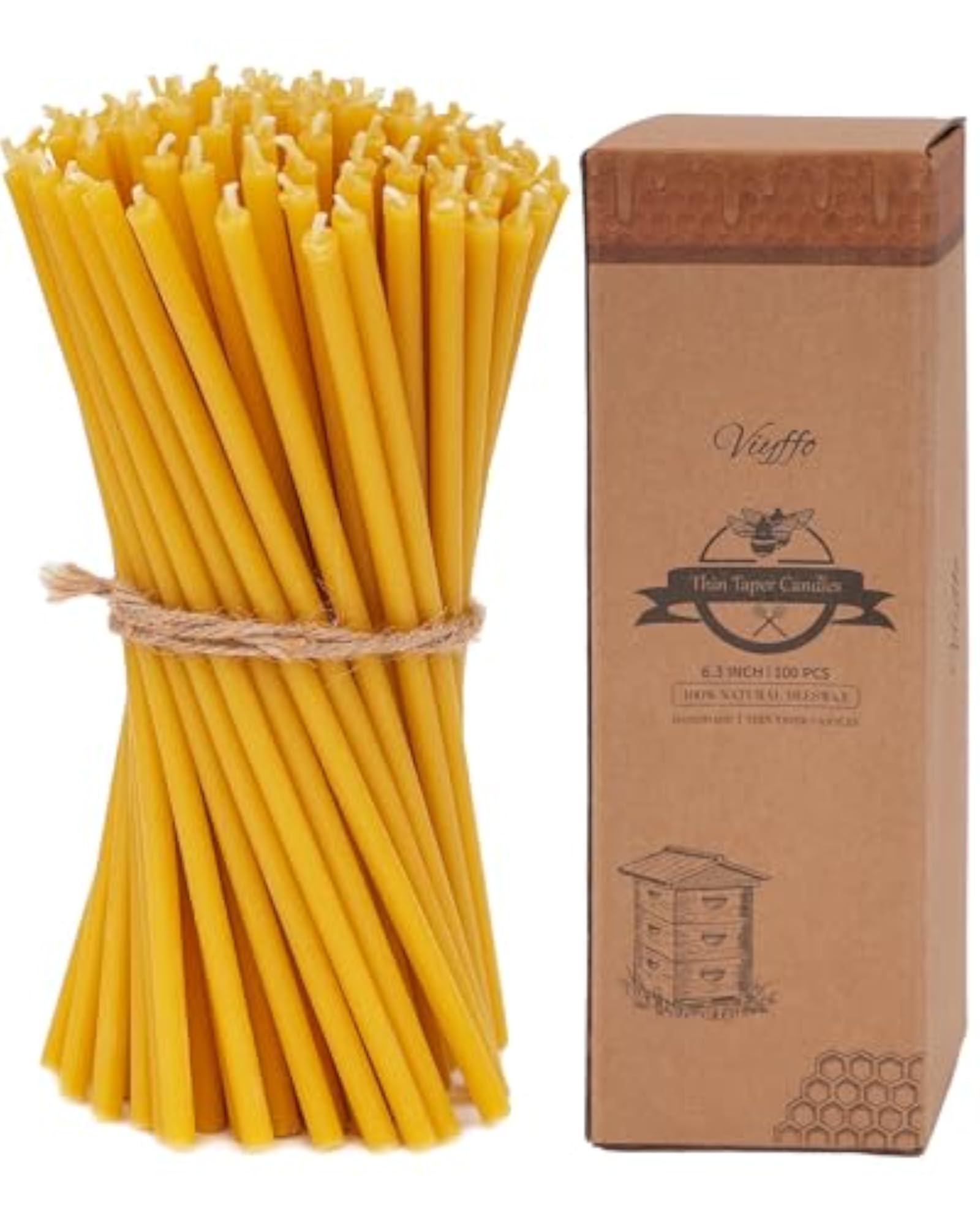 Natural Unscented Beeswax Taper Candles, 100 Pack