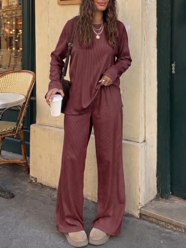 Fisoew Womens 2 Piece Lounge Sets Oversized Tops Wide Leg Pant with Pockets - image 5