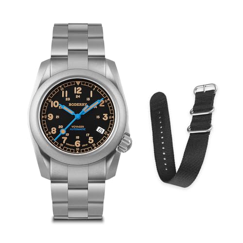 Image of BODERRY Men's Watch Titanium Automatic Field Watch 40mm Military Watch Day Date Function 100M Waterproof with Titanium Bracelet Japanese Mechanical Movement & Screw Down Crown-Voyager