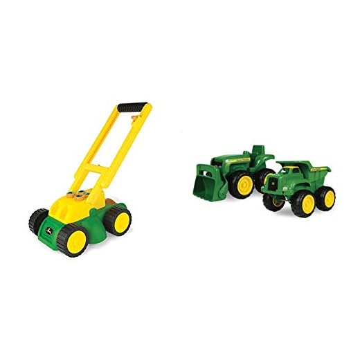 TOMY John Deere Electronic Lawn Mower, Toy for Kids & John Deere Sandbox Vehicle (2 Pack)