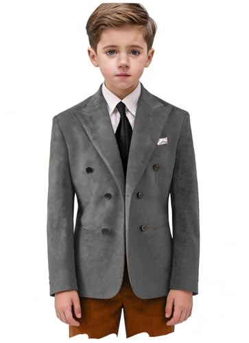 Image of Lunuaoe Boys Suede Faux Leather Jacket Double-Breasted Blazer Kids Toddlers Cauasl Outerwear Outfit