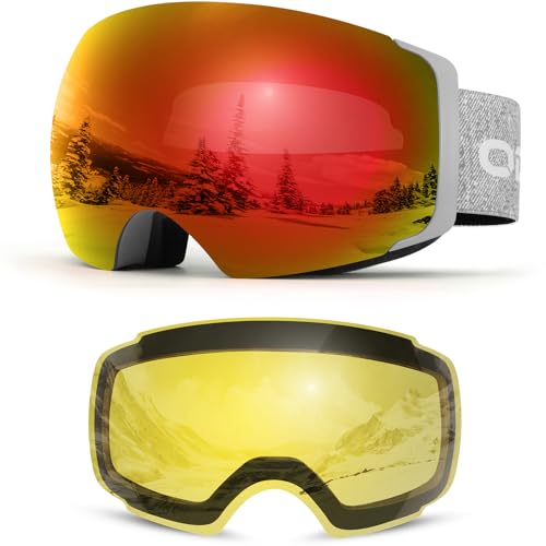 Odoland Magnetic Interchangeable Ski Goggles with 2 Lens, Large Spherical Frameless Snow Snowboard Goggles for Men Women Red Lens Vlt 15%