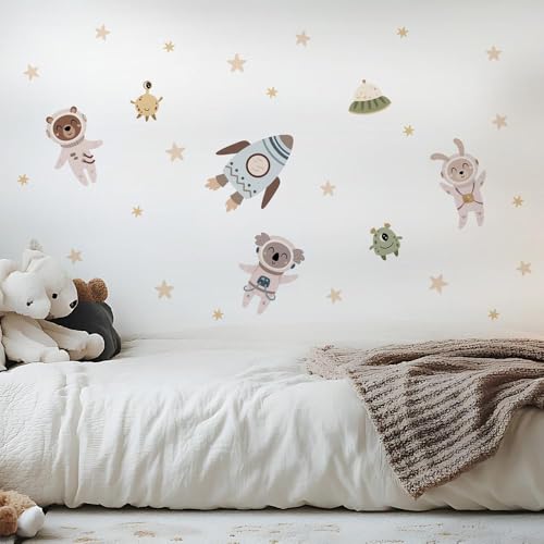 Adesivo de Parede Infantil Animais Astronautas Foguete Estrelas Lavável Seguro Fácil Aplicação Ideal Para Quarto Bebê Menina Menino