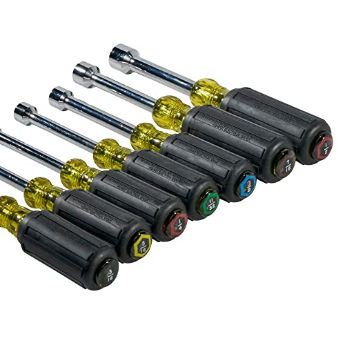 Klein Tools 631 Tool Set, Nut Driver Set w/Hex Nut Sizes 3/16, 1/4, 5/16, 11/32, 3/8, 7/16 and 1/2-Inch on 3-Inch Full Hollow Shaft, 7-Piece