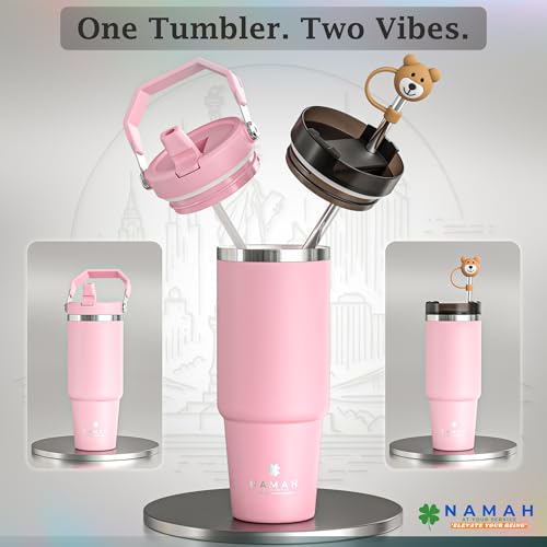 Image of Namah Insulated Tumbler with Straw 890 ml & Handle Leak Proof Stainless Steel Vacuum Sipper Bottle Hot & Cold Water Tumbler for Office Gym Travel Car Cup Holder Friendly (Bubblegum-pop)