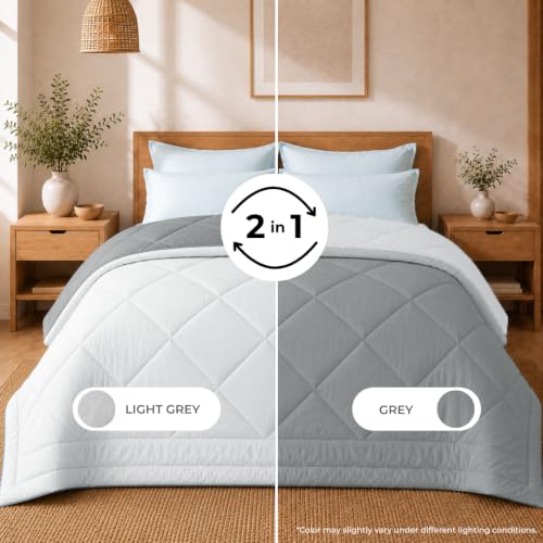 Image of King Size Comforter for Double Bed, 220 GSM Soft Microfiber AC Blanket, All Season Lightweight Reversible Bed Quilt, Premium Bedding, 90 x 100 Inch, Grey-Light Grey