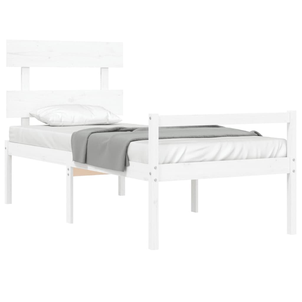 Massivholz Seniorengerecht 45cm Sitzhöhe Bett 90x190cm Weiß | Seniorenbett mit Kopfteil Weiß Massivholz 90x190cm Bettgestell Kiefer mit Lattenrost und Stauraum für Seniorengerechtes